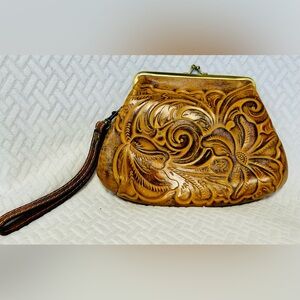 PATRICIA NASH Tooled Leather Kiss-Lock Wristlet Bag. 100% leather